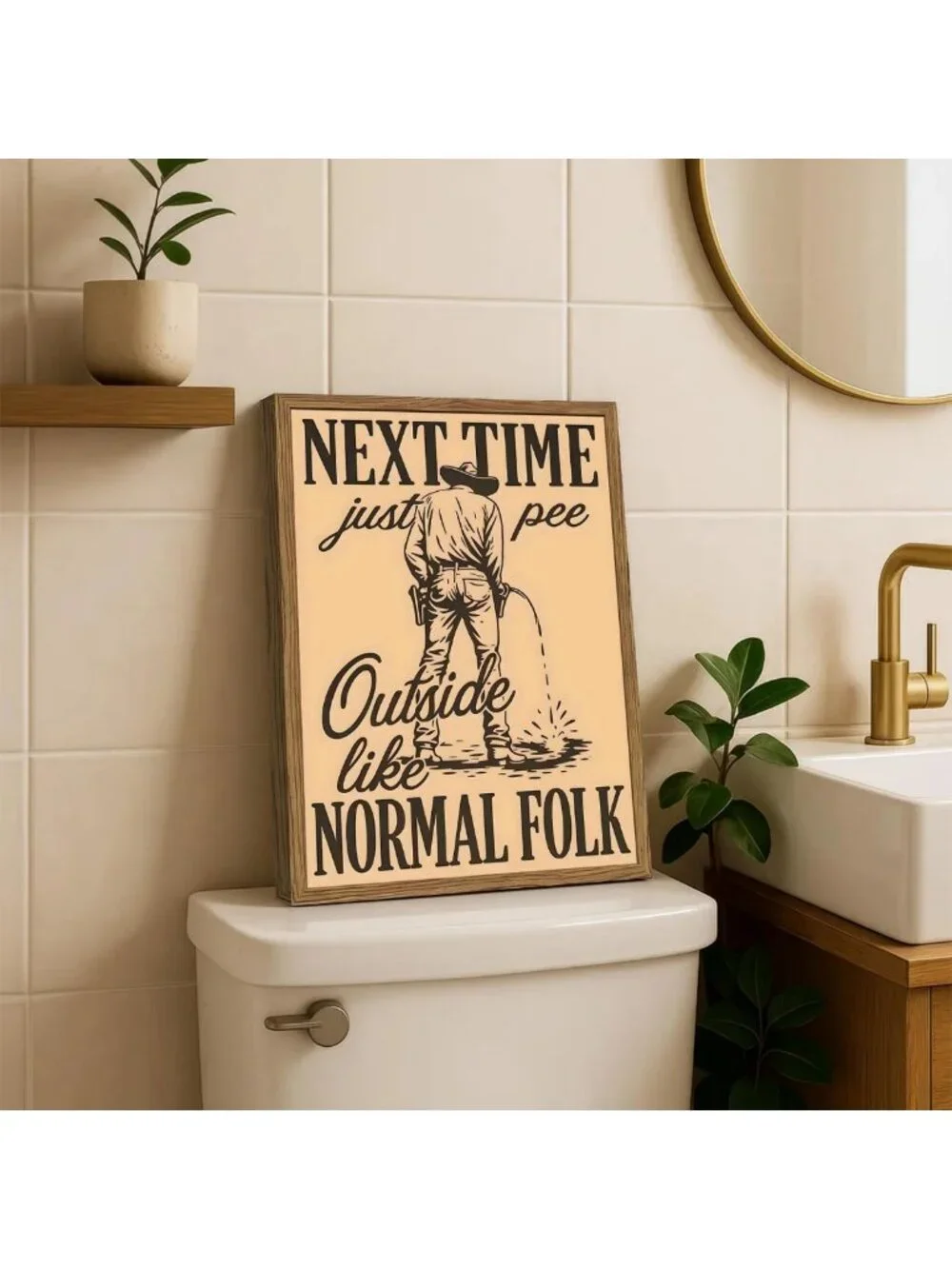 Funny Western Cowboy Bathroom Wall Art - Vintage Southwest Decor, 12x16 Framed